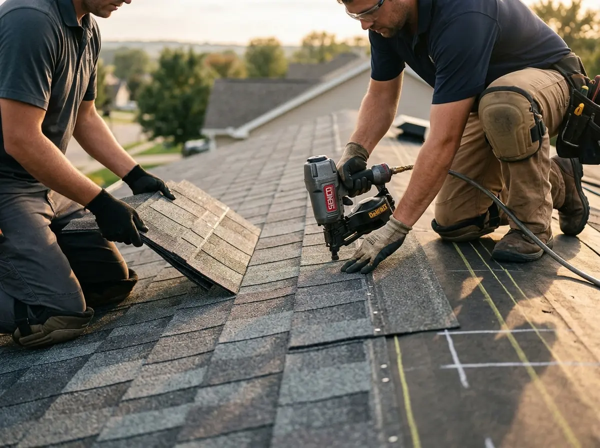 Professional roofer working on a residential roof in Bacliff